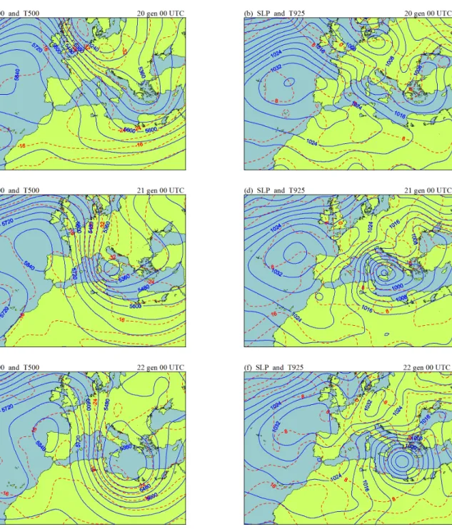 Figura 8: Situació sinòptica, extreta dels anàlisis de l'ERA-40, a les 00 UTC els dies: (a,b) 20 de gener de 1981; (c,d) 21 de gener de 1981; (e,f) 22 de gener de 1981