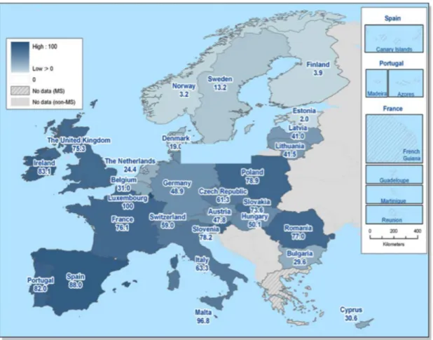 Figure 6. Prevalence (%) of Campylobacter spp. colonised broiler batches in the EU, 2008, EFSA  (EFSA, 2010).