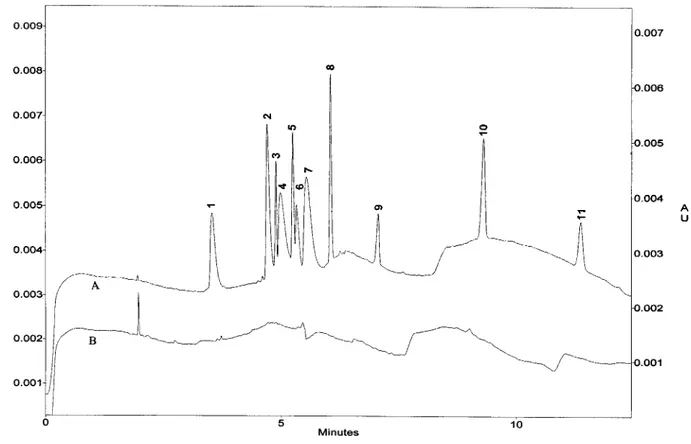 Fig. 2. Electropherograms of peaks that overlapped in buffer S, analyzed using buffer A.