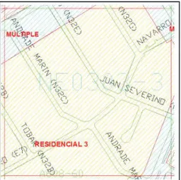Figura 3.1 Mapa de la micro-área superpuesta: eje vial y tipo de zonificación [22] 