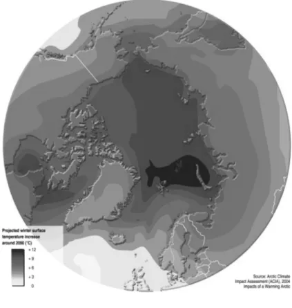 Fig. 3: Predicción de incremento de temperatura de superficie en invierno en el Ártico para alrededor 2090 82