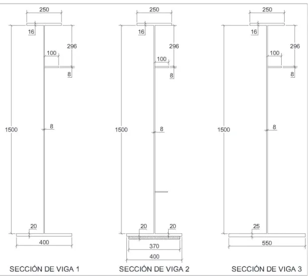 Figura  2.5  GEOMETRÍA  DE  LAS  SECCIONES  DE  ACERO  DE  LA  VIGA  COMPUESTA 