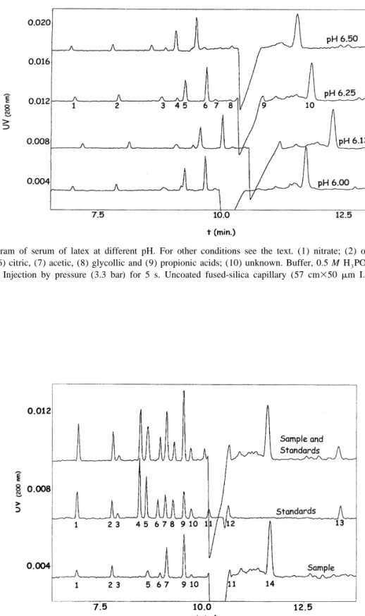 Fig. 2. Electropherogram of serum of latex at different pH. For other conditions see the text