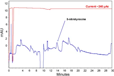 Fig. 4. Profile obtained for both 3-nitrotyrosine added in rat urine. Injection was at 10 psi for 30 min for the sample