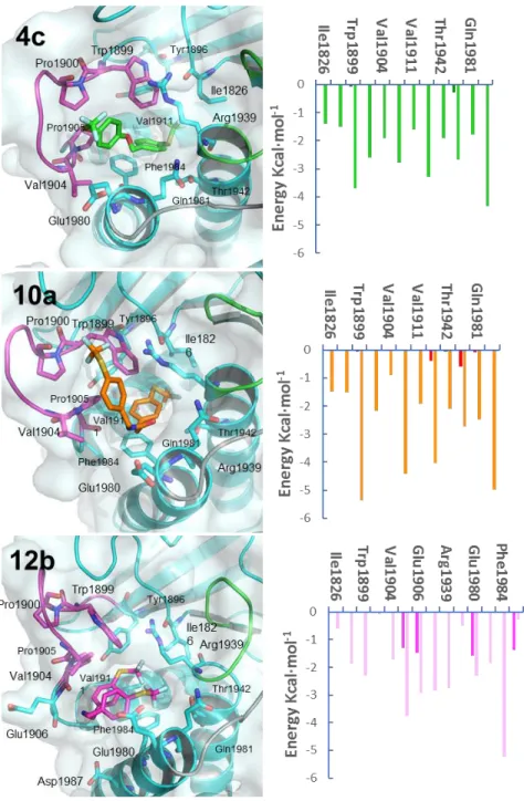 Figure 3. Proposed binding modes of 4c, 10a and 12b inside PTPRZ1. (Left) PyMOL stick and  cartoon  representation  of  the  proposed  binding  modes  for  4c,  10a  and  12b  inside  PTPRZ1