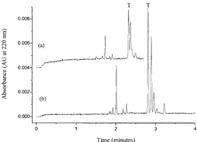 Figure 2 shows the electropherograms obtained when an incubated terbinafine sample was injected in the CE  sys-tem using two running electrolytes at pHs about 2.0