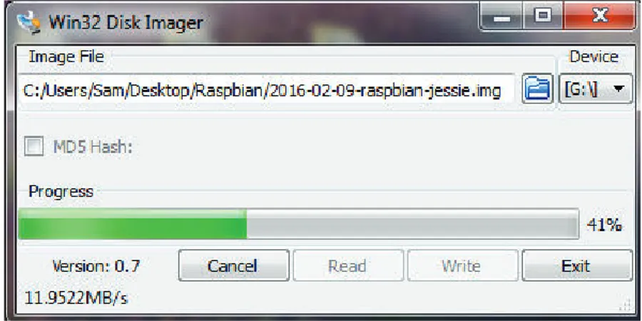 Figura 2.4 Instalación del OS Raspbian Jessie en la micro SD con Win32 Disk Imager 