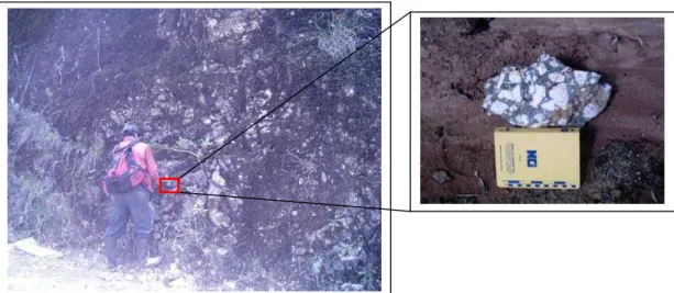 Foto 13.- Afloramiento de brecha hidrotermal (UTM: 679082 E / 9651828 N). A la  derecha Muestra R-CH-26, con clastos angulares de cuarzodiorita y granodiorita 