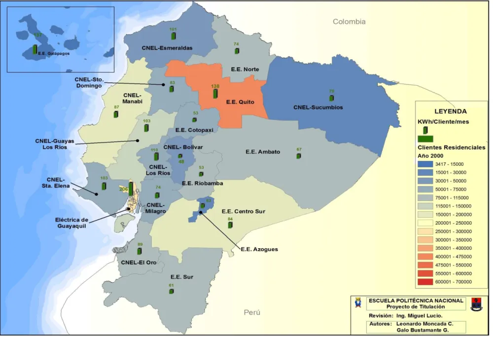 Gráfico 4-3   Mapa de Clientes Residenciales por Área de Concesión y KWh/Cliente/mes año 2000 