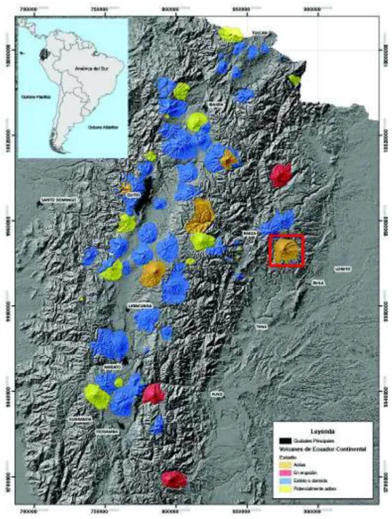 Figura 1.1 Volcanes Cuaternarios del Ecuador Continental (modificado de Bernard &amp; Andrade,  2011), en el recuadro rojo se muestra la ubicación del volcán Sumaco