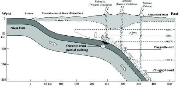 Figura 1.8 Modelo esquemático petrogenético de la NVZ en Ecuador, según Bourdon et al., 2003