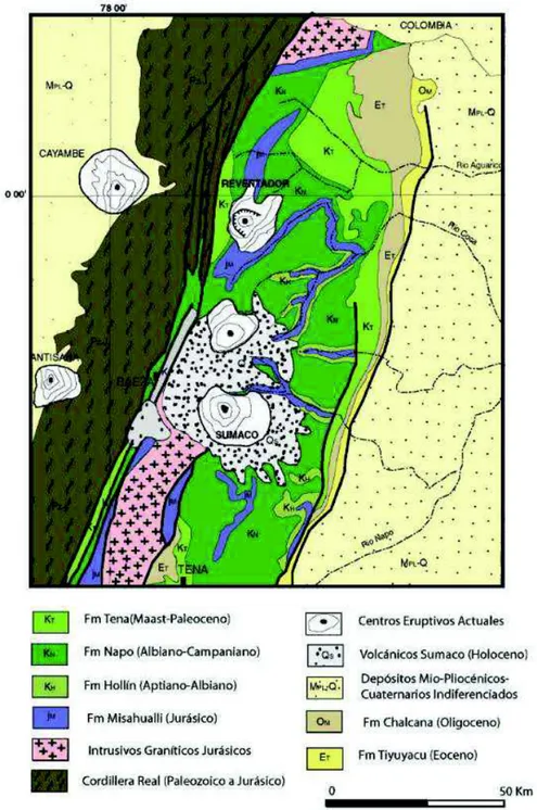 Figura 2.3 Basamento del Volcán Sumaco, provincias de Napo y Orellana. Mapa geológico  tomado de Barragán et al., 2014