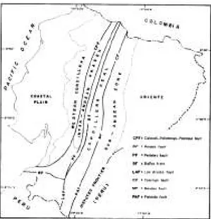 Figura 2.14 Principales Fallas y características geomorfológicas del Ecuador. Tomado  de Aspden &amp; Litherland, 1992