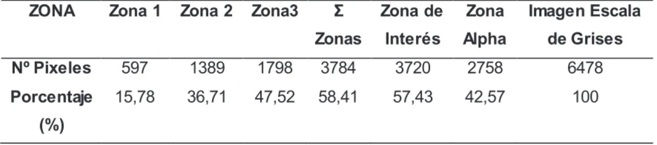 Tabla  2.1.  Resultados  del  procesamiento  de  imagen  en  escala  de  grises  aplicando  el  código  desarrollado  en  Python