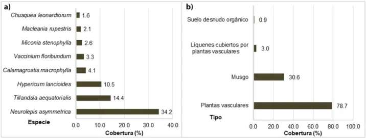 Figura 4. a) Porcentaje de cobertura registrada por cada tipo de estrato b) Porcentaje de cobertura de ochos especies  de flora más representativa en el páramo arbustivo.
