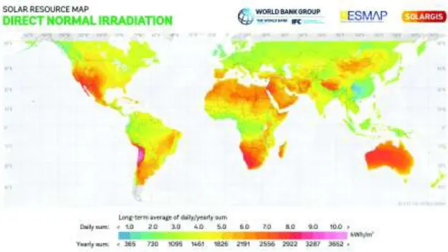 Figura 1.1. Mapa de irradiación normal directa (DNI) media (anual y diaria) mundial. 