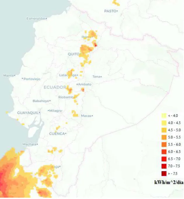 Figura 2.1. Mapa de DNI promedio diario para Ecuador con zonas mayores a 4,5 kWh/m^2/día