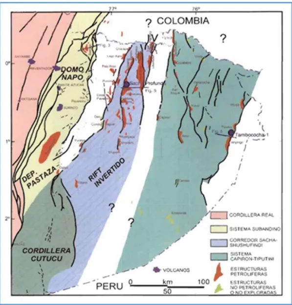 Figura 1.- Dominios Tectónicos de la Cuenca Oriente.  