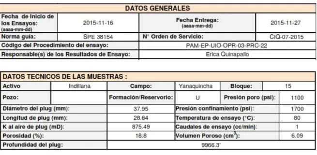 Tabla 2. Datos pruebas de núcleos de pozo-X1 