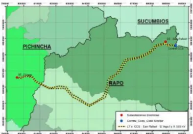 Figura 1.4. Ruta de las L/T Coca Codo Sinclair- San Rafael   El Inga 500 kV [13] 