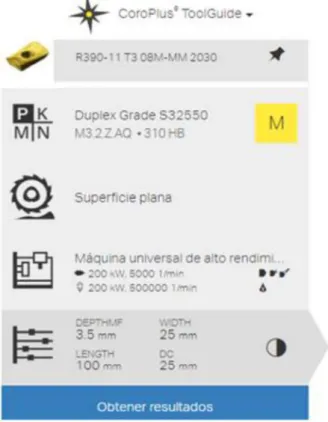 Figura 2.2. Ingreso de datos iniciales en software CoroPlus® ToolGuide de Sandvik. 