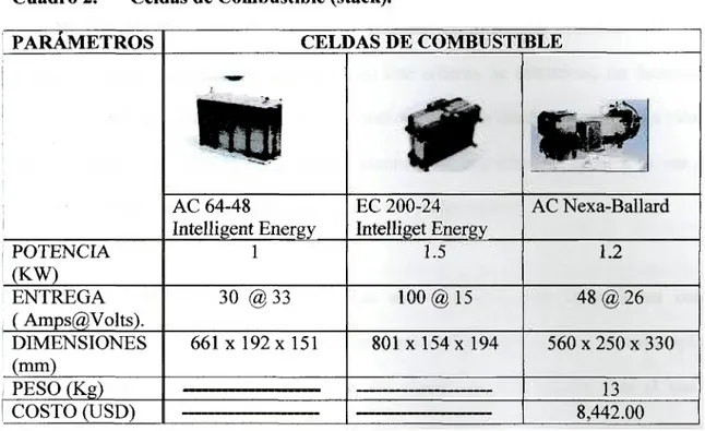 Cuadro 2. Celdas de Combustible (stack). 