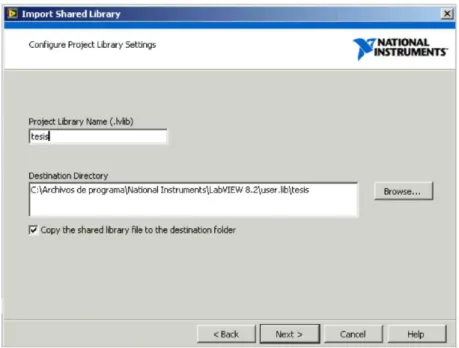 Figura 3-10 Configuración de las propiedades de la librería creada en LabVIEW.