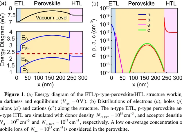 Figure  1.  (a)  Energy  diagram  of  the  ETL/p-type-perovskite/HTL  structure  working  in  darkness  and  equilibrium  ( V app  0 V )