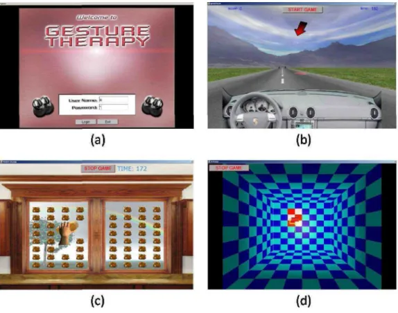 Figura 4.2: Imágenes capturadas del software T-WREX. (a) Pantalla de inicio, (b) - (c) Videojuegos virtuales en un ambiente tridimensional.