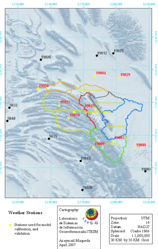 Figure 5.2 Location of weather stations in study area. Stations in yellow were used for  rainfall calibration and validation