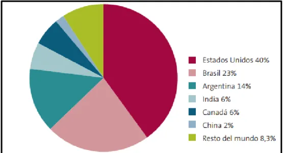 Figura 1. Producción de cultivos transgénicos en los seis países principales 