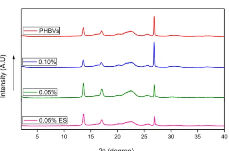 Figure 7. WAXD diffractograms of the neat PHBVs films and their CuO nanocomposite/coated  systems