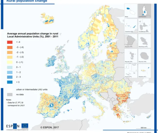 Figura 3. Los cambios demográficos rurales en la Europa del siglo XXI, con sus consecuencias de abandono y  mutación paisajística. 