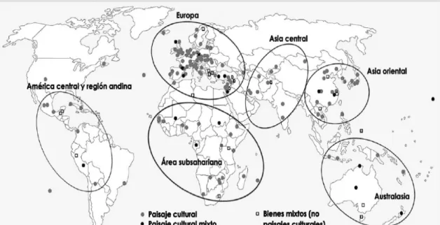 Figura 1. Distribución mundial de los paisajes culturales y bienes mixtos (tomado de Vicente Elías, 2017) 