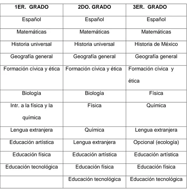 Tabla 1.1. Conjunto  de materias por grado 