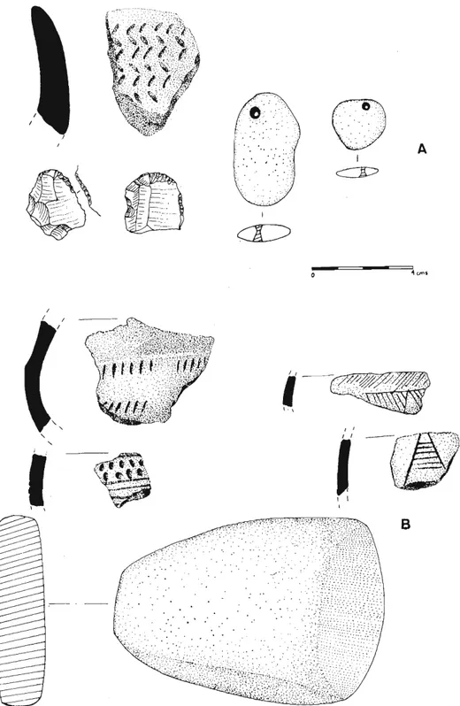 Fig.  11.  A.  Conjunto  recogido  en  Monte  Santa  Bárbara  (La  Vilavella).  B.  Material  cerámico  y  lítico  de  la  Coveta  del  Sou  (La  Vilavella) 