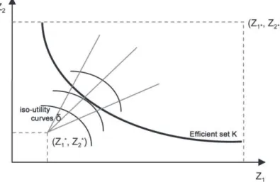Figure 3. Social utility curve and distance between the ideal point and the efficient set 
