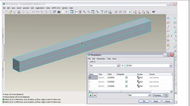 Fig. 4.7. Modelación y Parametrización de una Viga Rectangular en Pro/Engineer Wildfire V2 [3].