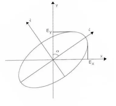 Figura 2.4: Componentes el´ ectricas E x y E y en una elipse de polarizaci´ on rotada con respecto a los ejes de laboratorio x y y