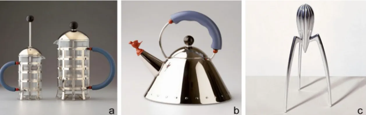 Figura 25. Productos Alessi: a cafetera (1989) y b tetera (1985) de Michael Graves para  Alessi; c exprimidor Juicy Salif de Philippe Starck para Alessi.