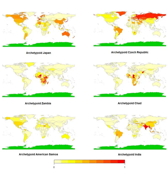 Figure 5: Abundance maps for the mixture coefficients for k = 6 archetypoids.