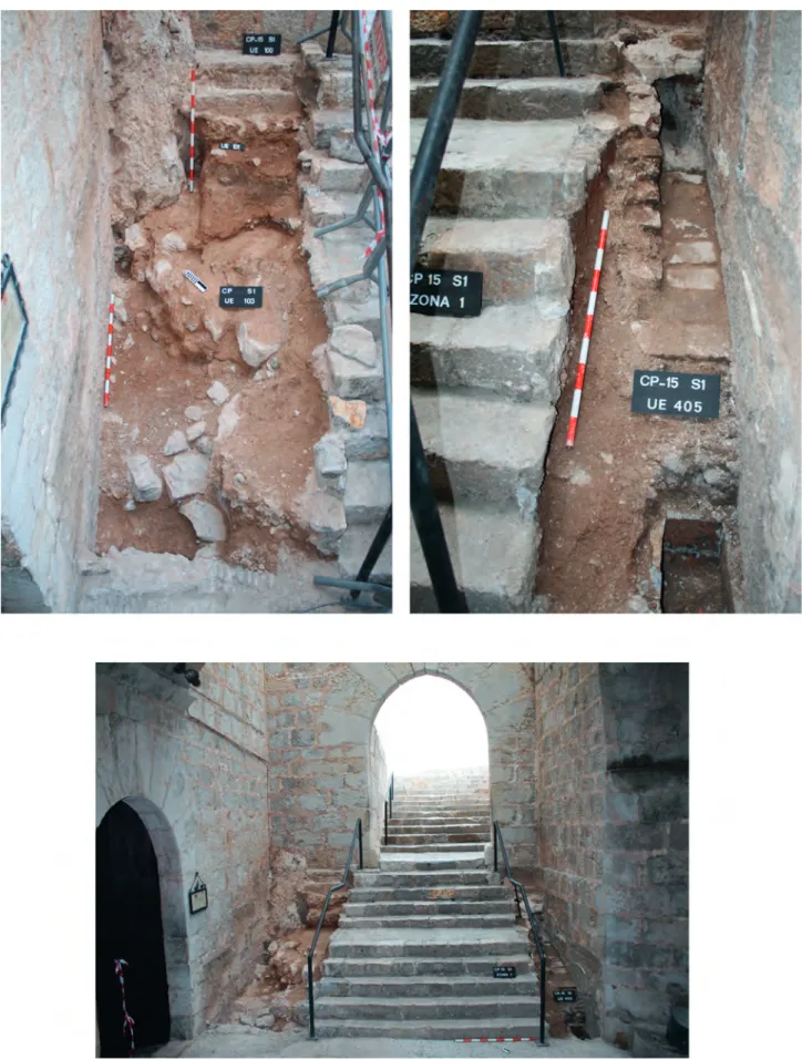 Figura 9. Estado final de las excavaciones en el tramo de acceso al Patio de Armas. Arriba a la izquierda se observa la cimentación y  escaleras en piedra conservadas en la parte superior