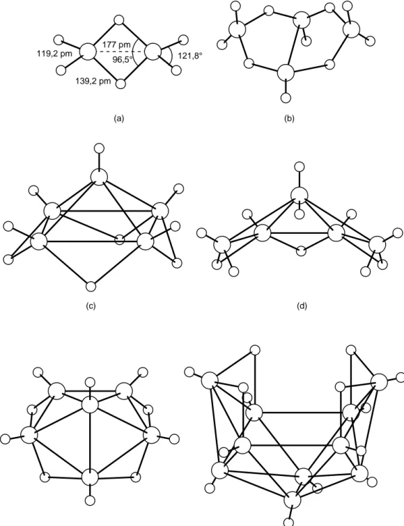 Figura 7.7  Estructuras de algunos boranos. (a) B 2 H 6 ; (b) B 4 H 10 ; (c) B 5 H 9 ; (d) B 5 H 11 ;  (e) B 6 H 10 ; (f) B 10 H 14 