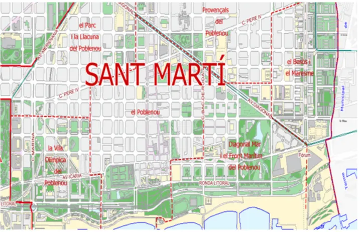 Figura 2.  Mapa del distrito de sant Martí por los Barrios que oBedecen a poBlenou