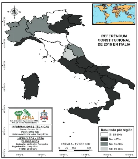 Figura 2.  mapa con la Victoria dEl si o dEl no, sEgún las rEgionEs, proVincias, comunas y municipios