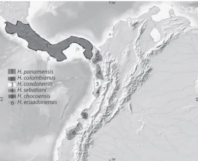 Fig. 4. Geographical distribution map of the species of Hyphessobrycon flammeus-group present in northwestern of South  America and eastern Central America in Panama.