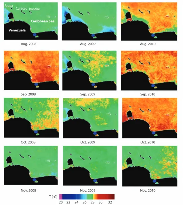 Fig. 4. Satellite images MODIS SCAR of the Sea Surface Temperature of the Venezuelan central-west coast from August  (Aug), September (Sept), October (Oct) and November (Nov) of 2008, 2009 and 2010 (Klein &amp; Castillo 2010)