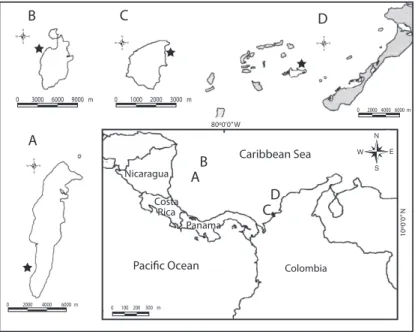 Fig. 1. Location of the islands studied (letter) and detail of the sampled reefs (star): A