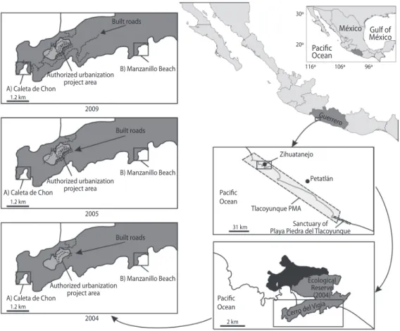 Fig. 1. Study area and location maps where coral reefs are distributed. (A) Caleta de Chon; and (B) Manzanillo Beach.
