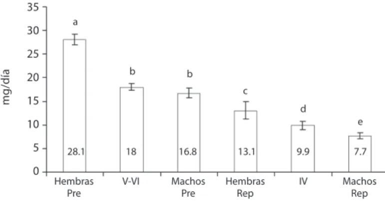 Fig. 4. Consumo promedio de los distintos estadios y estados D. exilis bajo condiciones controladas.